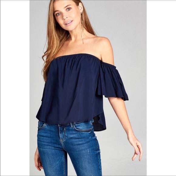 ✨Host Pick✨Off the shoulder NAVY flutter top - Picture 2 of 4